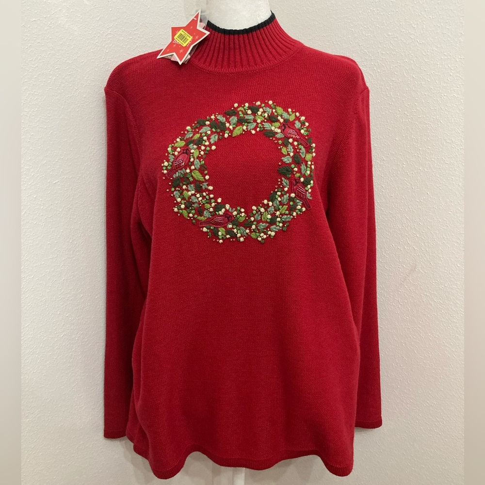 NWT Vintage Merry and Bright Red Christmas Sweater With Black Trim Size Large - Picture 2 of 16